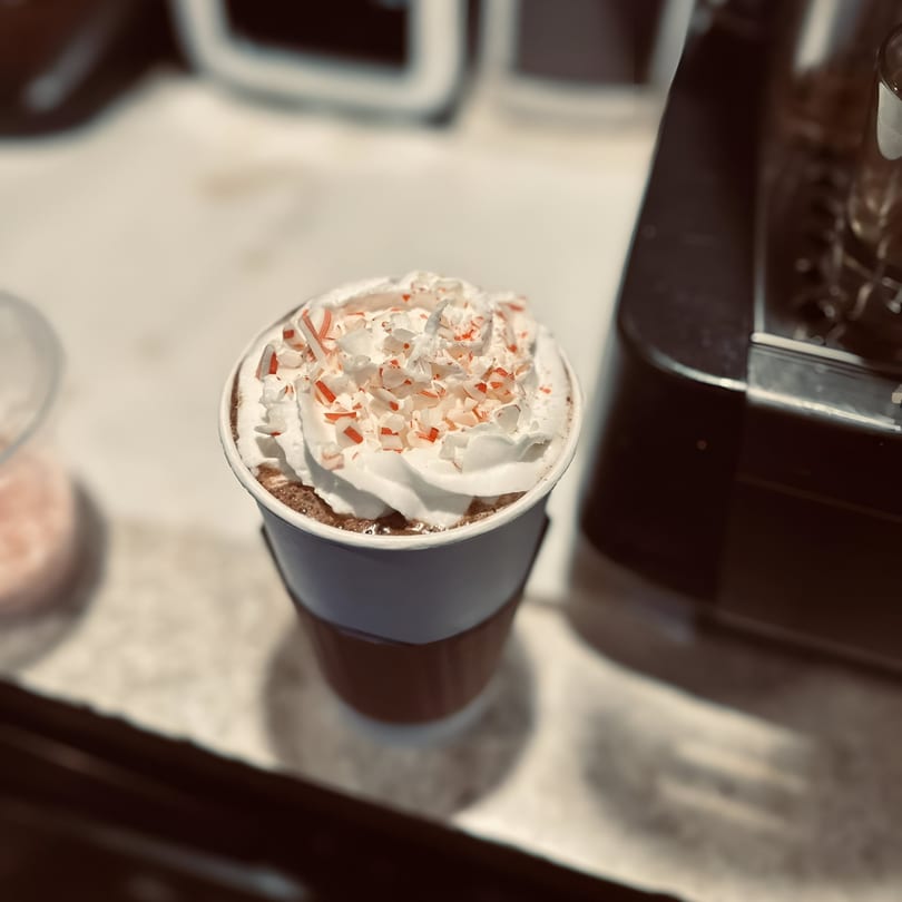 A KoalaTea Coffee peppermint hot chocolate with whipped cream and candy cane sprinkles.